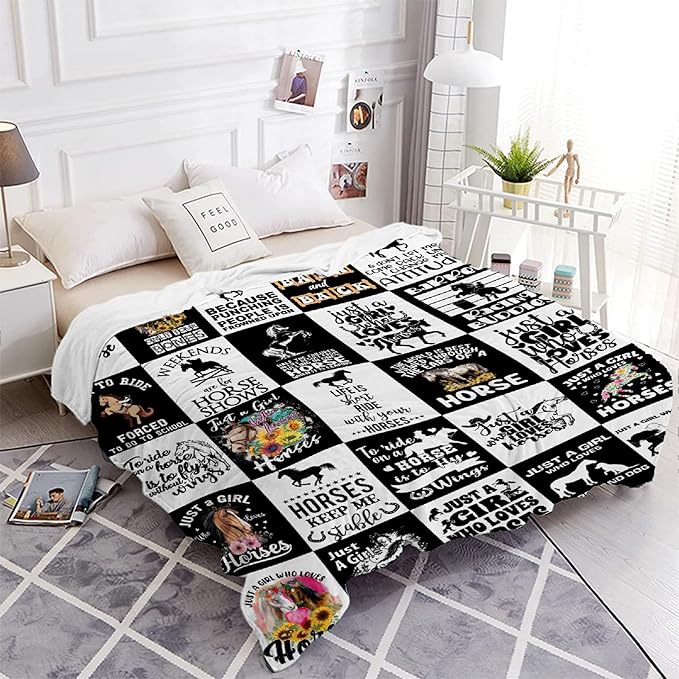 Horse Blanket for Boys Girls, Black White Kids Throw Blanket Gift for Child, Fluffy Cozy Soft Lightweight Blankets for Bed Office, 40x50 Inches