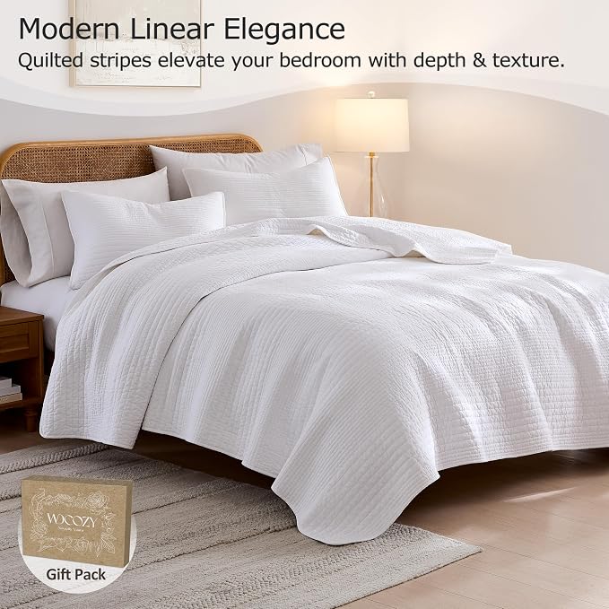 palassio Striped White 100% Cotton Quilt Queen Size Bedding Sets, Lightweight - Image 2