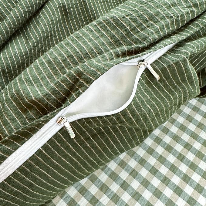 PinkMemory Green Striped Duvet Cover King 100% Washed Cotton Olive Green - Image 6