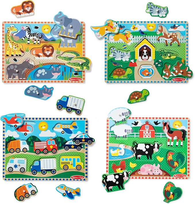 Melissa & Doug Wooden Peg Puzzle Set – 4-Pack Vehicle, Safari & Pet Animal - Image 4