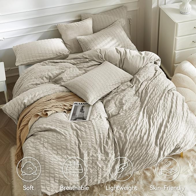 JELLYMONI Beige Duvet Cover King Size, Soft Breathable Seersucker Duvet Cover - Image 4