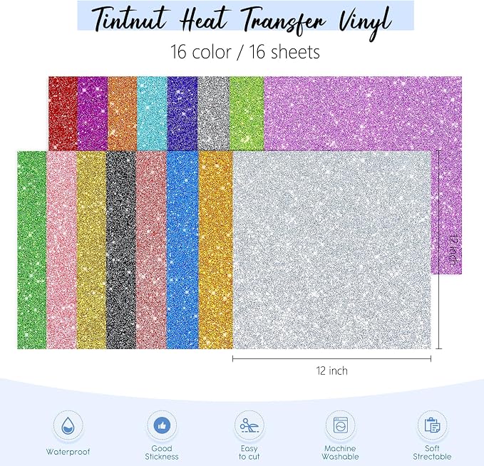 Tintnut Colorful Glitter Heat Transfer Vinyl, easy cut & weed, stretch washable - Image 2