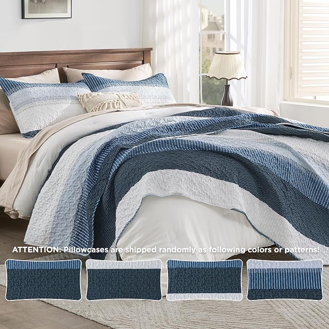 Andency Navy Blue Striped Quilt Queen, 3 Pieces Patchwork Bedspread Coverlet Set - Image 8