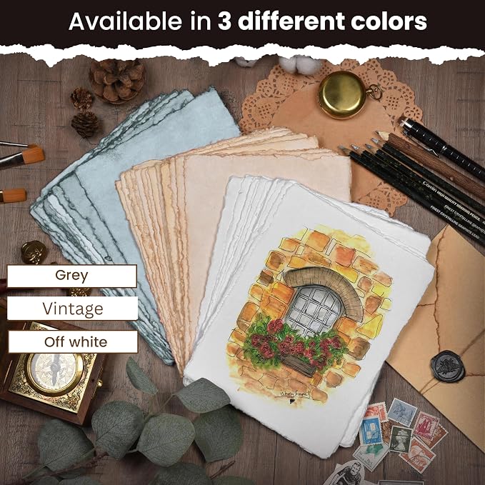 LEATHER VILLAGE Offwhite Deckled Edge Handmade Watercolor Paper 5x7 | 50 Sheets - Image 9