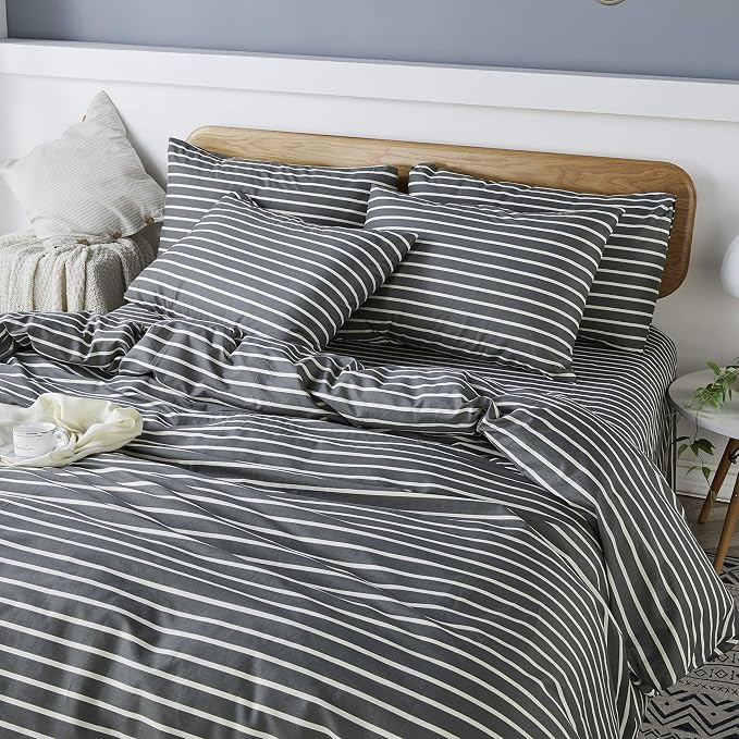 JELLYMONI 100% Natural Cotton 2pcs Striped Duvet Cover Sets, Dark Grey Duvet - Image 2