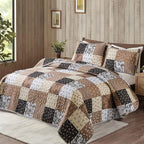 Mybedsoul Patchwork Quilt Set Queen Size, 3 Pieces Brown Floral Plaid Patchwork - Image 2
