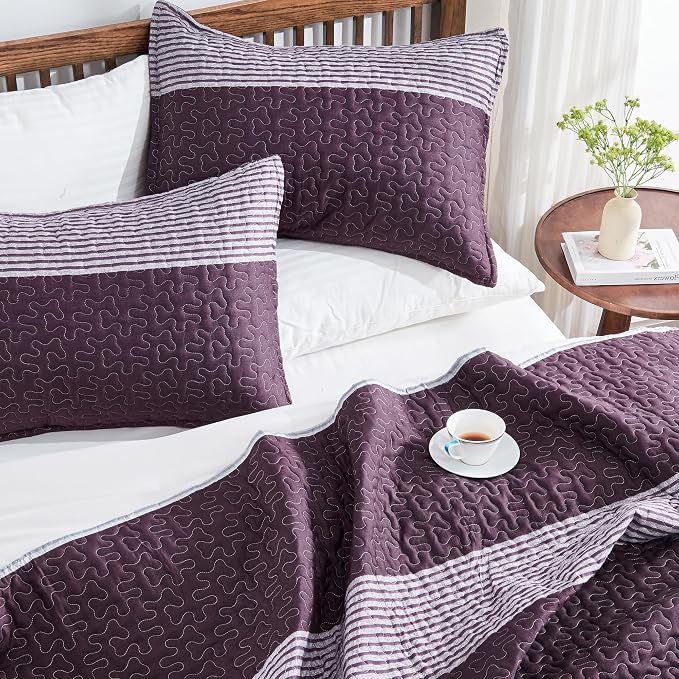 Andency Stripe Quilt Set Cal King, 3 Pieces Purple and Grey Striped Bedspread - Image 3