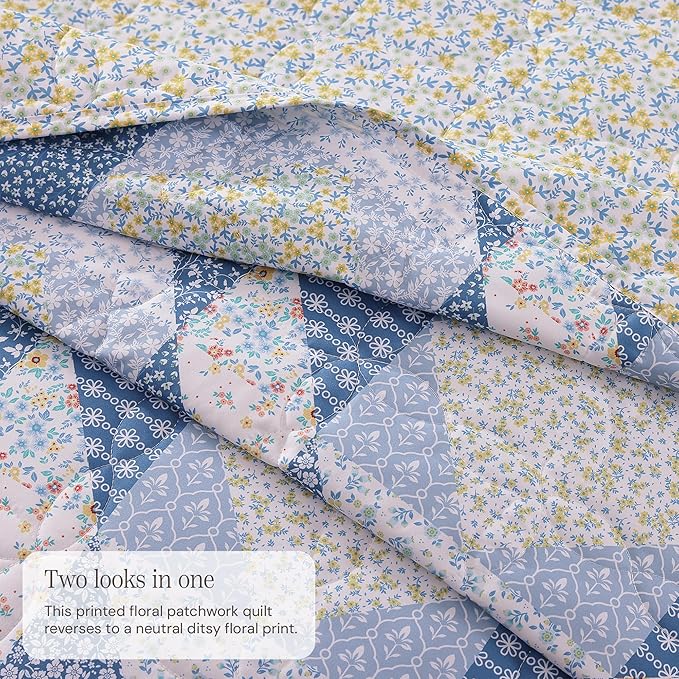 BLOOMHAVEN Quilt Set Twin Size, Patchwork Blue Marigold Floral Quilt Sets - Image 3