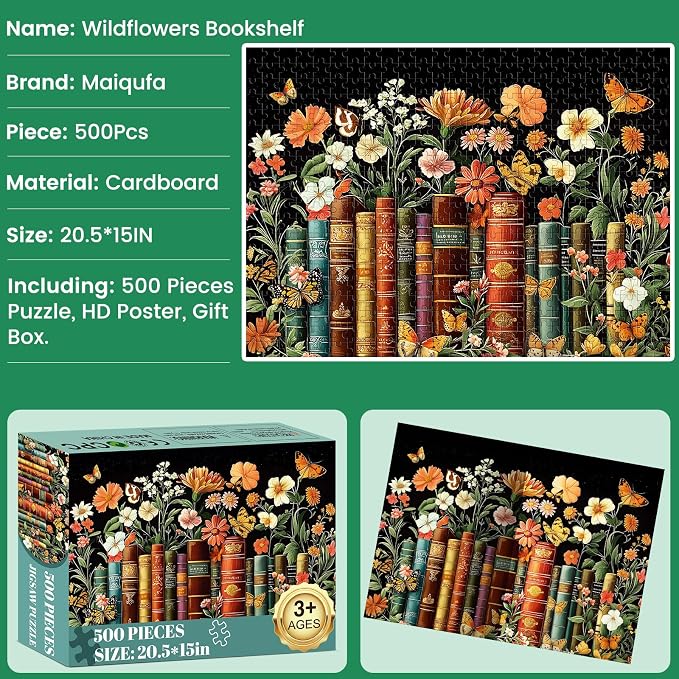 500 Piece Puzzle for Adults | Vintage Wildflowers Books Puzzle | Recycled - Image 6