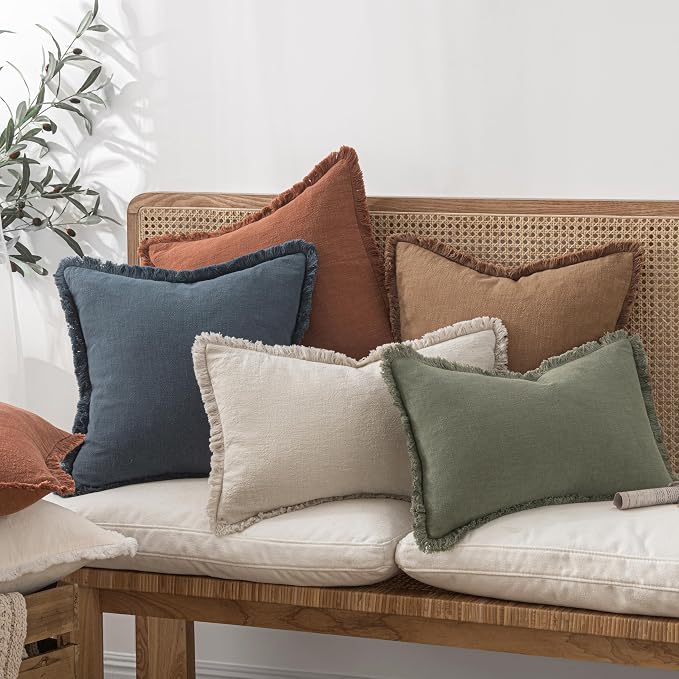 MIULEE Decorative Throw Pillow Covers Neutral Linen Fringe Throw Pillows Euro - Image 6
