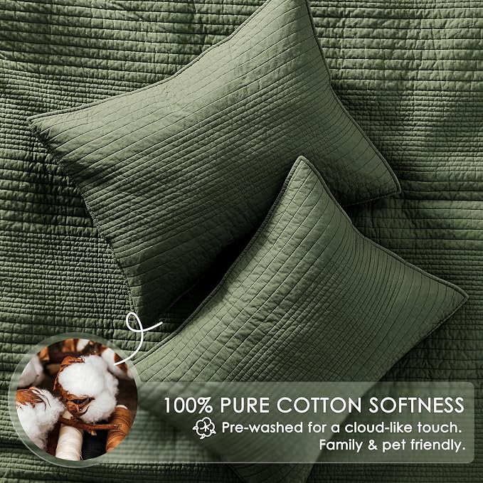 palassio Striped Olive Green 100% Cotton Quilt California Cal King Size Bedding - Image 4