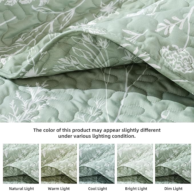 JANZAA Quilts Queen Size Sage Green Quilt Botanical - Image 4