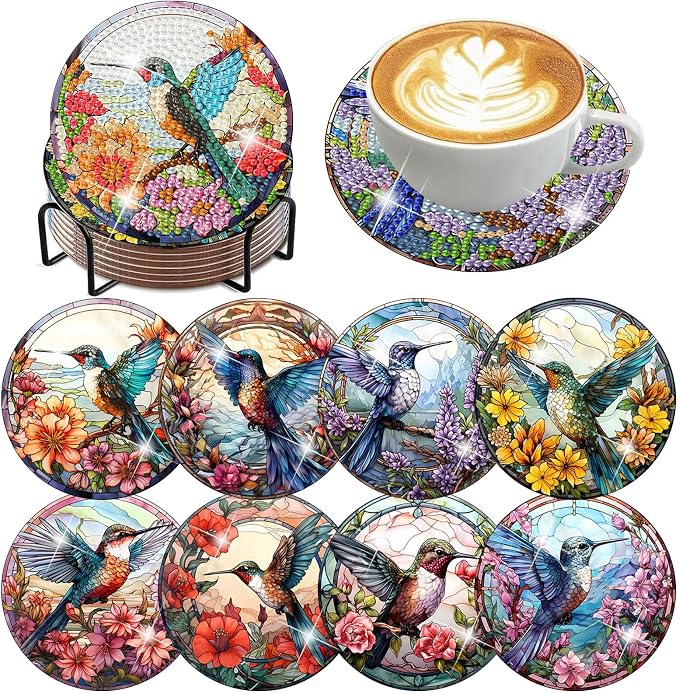 8 Pack Diamond Art Coasters, Hummingbird flowers Diamond Painting Coasters | by Zythron