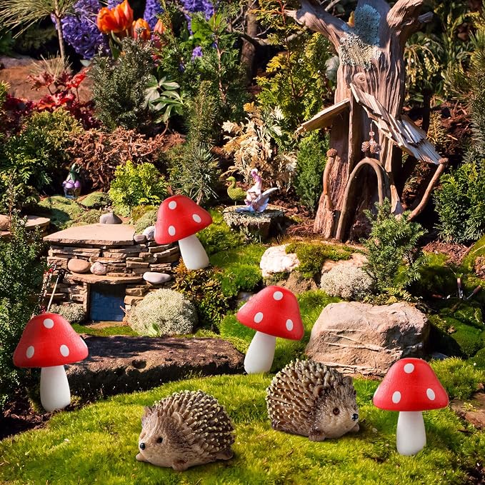 Queekay Resin Hedgehogs & Wood Mushroom Sculpture, Fairy Wild Garden Supplies - Image 6
