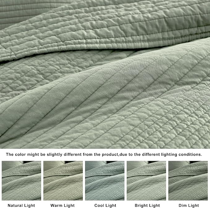 palassio Striped Sage Green 100% Cotton Quilt Queen Size Bedding Sets, - Image 6