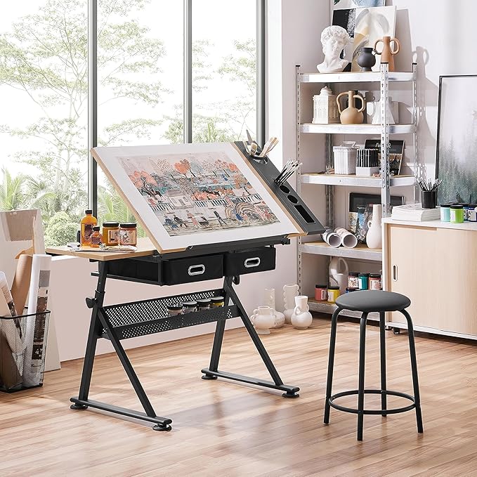 Yaheetech Adjustable Drafting Table Art Desk, Storage Drawers & Stool, Wood | - Image 2