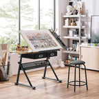 Yaheetech Adjustable Drafting Table Art Desk, Storage Drawers & Stool, Wood | - Image 2