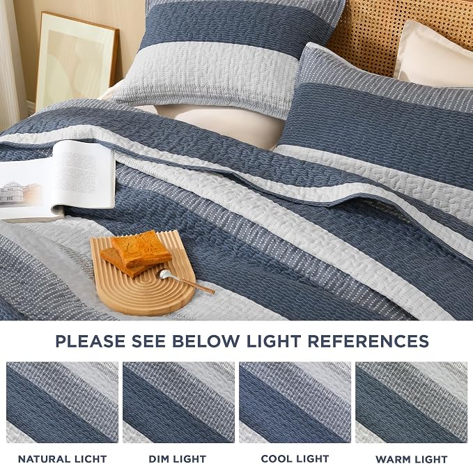 Litanika Queen Quilt Set Navy Blue, Stripe Patchwork Bedspread Coverlet 3 Pieces - Image 7