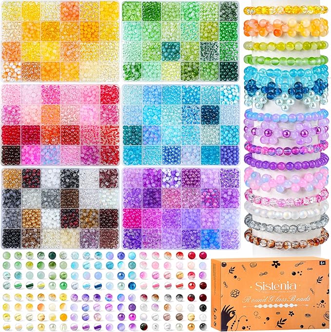 7200PCS 6mm Glass Beads Bracelet Making Kit, 144 Colors Assorted Crystal Beads by Sistenia