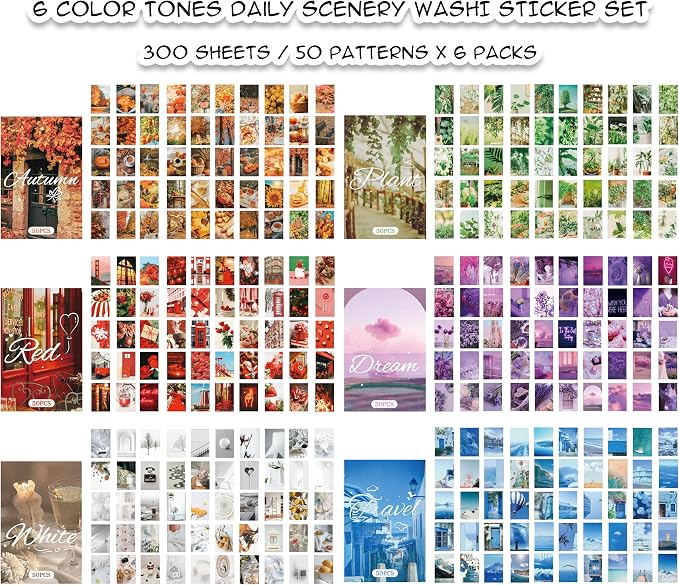 PRSTINCOL 6 Sets 300 Pcs Washi Stickers Set Assorted Colors Aesthetic Sticker - Image 2