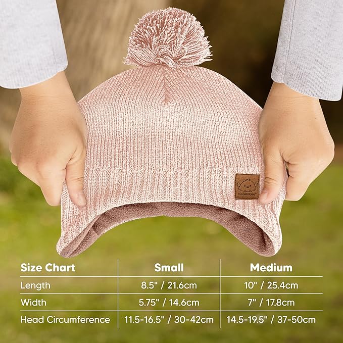 Baby Beanies, Baby Hats for Boys, Girls - Cute Toddler Winter Hat, Soft & Stretchy Beanies for Infant, Newborn 0-6 Months, Cozy & Warm with Earflap Muff & Pom (Blush, S)