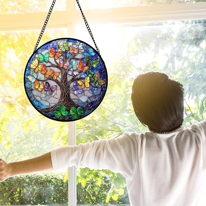 DASTOLL Stained Glass Window Hanging, Butterfly Tree Clover Sun Catchers Glass - Image 3