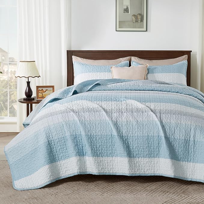 Andency Queen Quilt Bedding Set Aqua Blue, 3 Pieces Patchwork Summer Striped by Andency