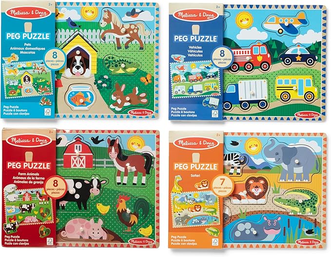 Melissa & Doug Wooden Peg Puzzle Set – 4-Pack Vehicle, Safari & Pet Animal - Image 6