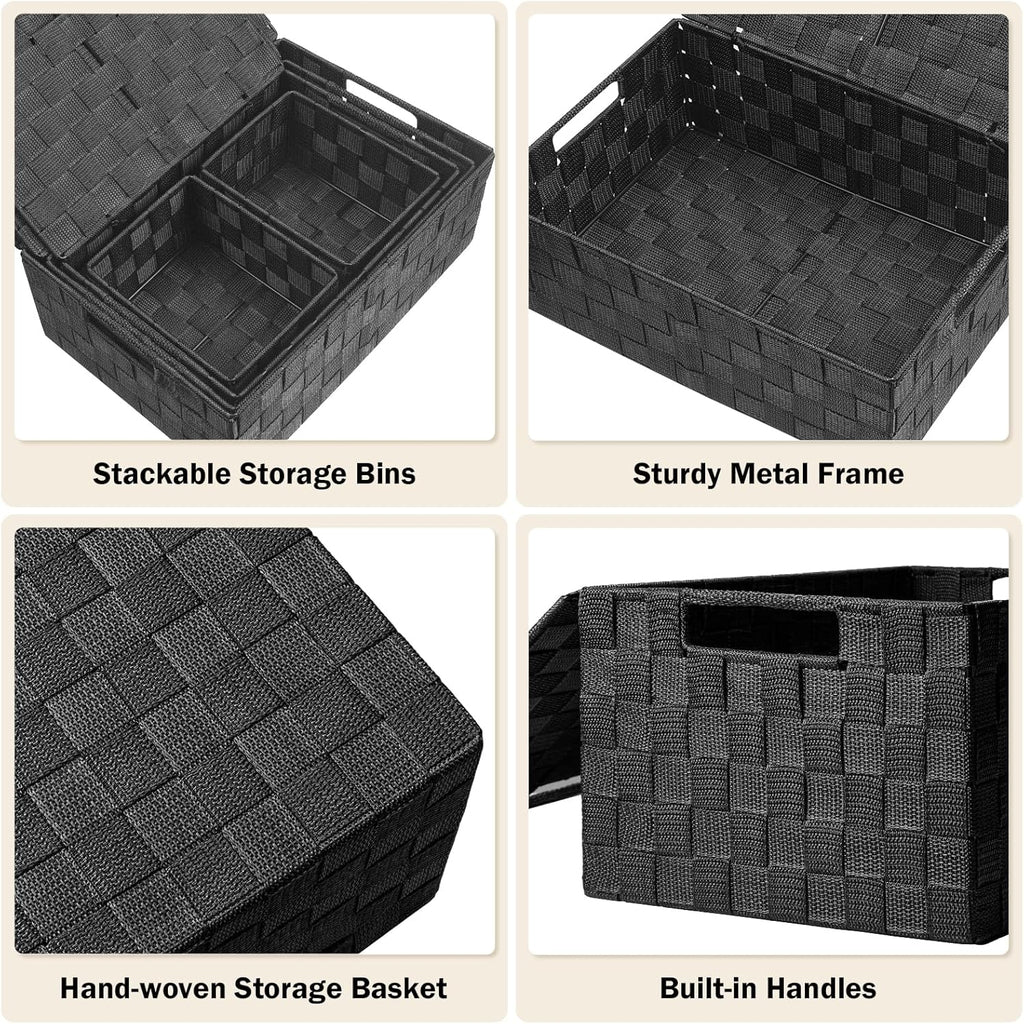 Storage Bins Baskets for Organizing with Lids, Storage Baskets for Shelves Stackable Woven Basket, Gift Small Basket Storage Cubes, Decorative Wicker Basket with Built-in Handles (5 Pack, Black)