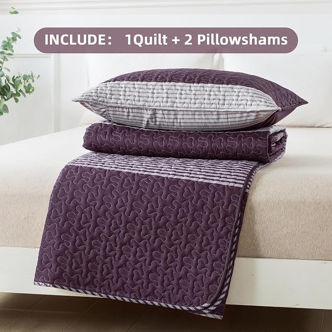 Andency Stripe Quilt Set Cal King, 3 Pieces Purple and Grey Striped Bedspread - Image 7
