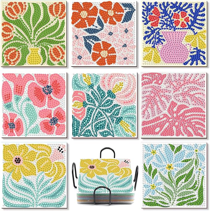 Gemozaic 8PCS Flowers Diamond Art Coasters Kits, Simple Floral Diamond Painting by Gemozaic
