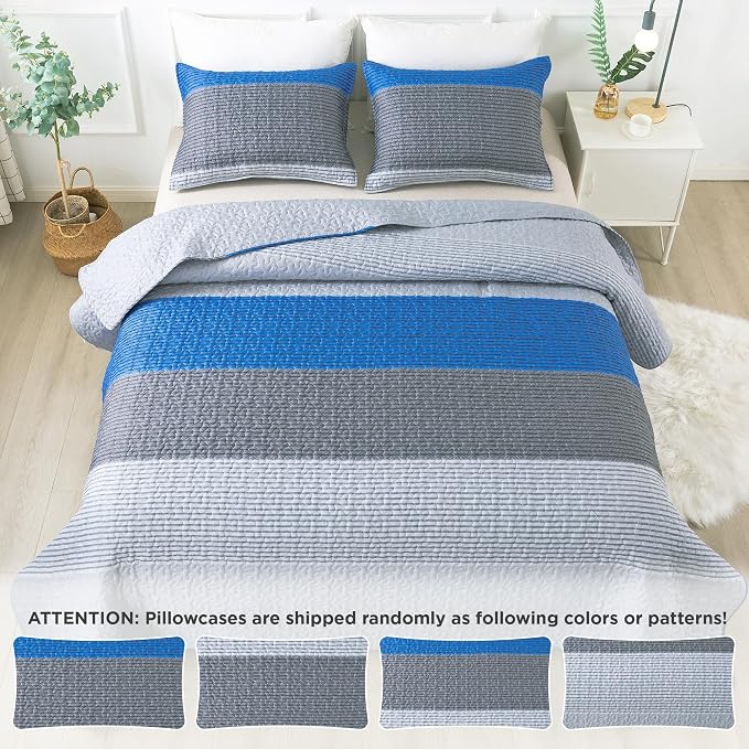 Andency Stripe Quilt Set Twin, 2 Pieces Blue and Grey Patchwork Bedspread - Image 7