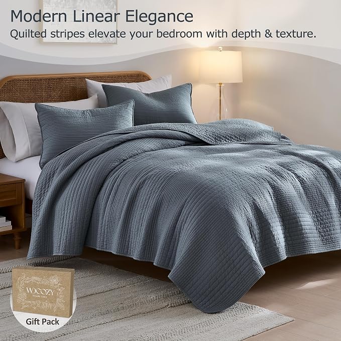 palassio Striped Blue Grey 100% Cotton Quilt Twin Size Bedding Sets, - Image 2