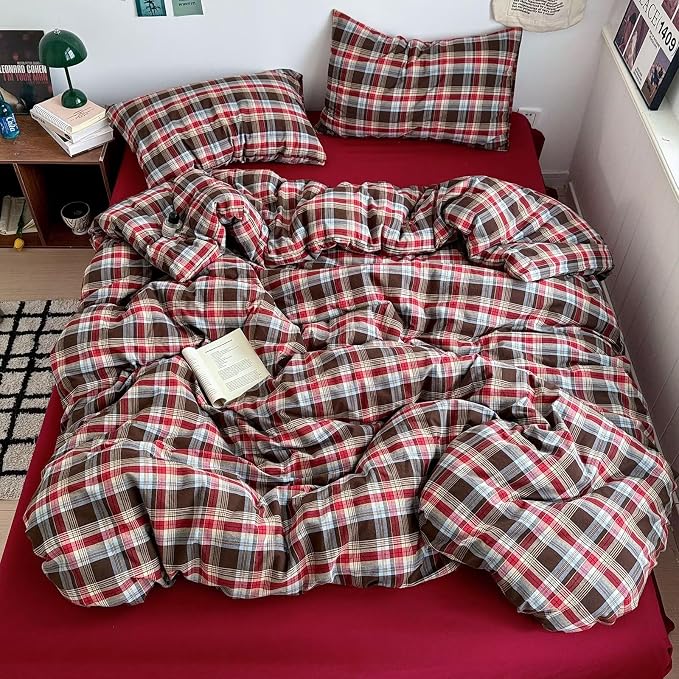 mixinni Vintage Red & Brown Buffalo Plaid Duvet Cover Set Twin Size - Image 3