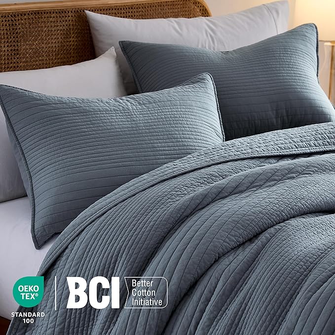 palassio Striped Blue Grey 100% Cotton Quilt Queen Size Bedding Sets, - Image 3