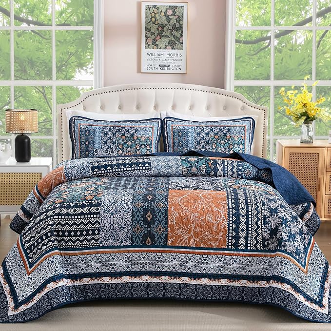 WONGS BEDDING Navy Blue Quilt Set Full Size, Bohemian Patchwork Bedspread by WONGSBEDDING