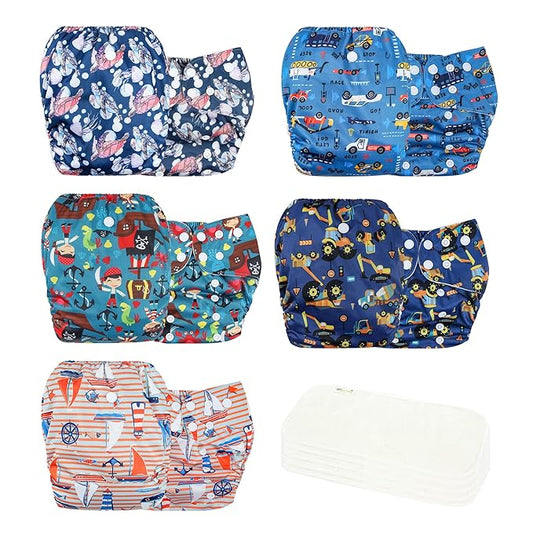 wegreeco Cloth Diapers 5 Pack with 5 Inserts, Washable Cloth Diapers for Babies, One Size Adjustable Reusable (Boy Car & Sail)