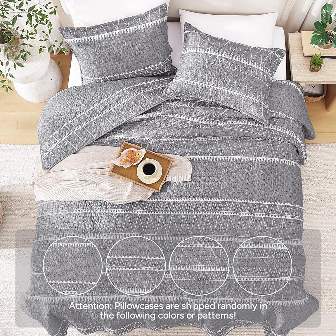 Andency California King Quilt Set Grey, 3 Pieces Boho Lightweight Soft Striped - Image 3