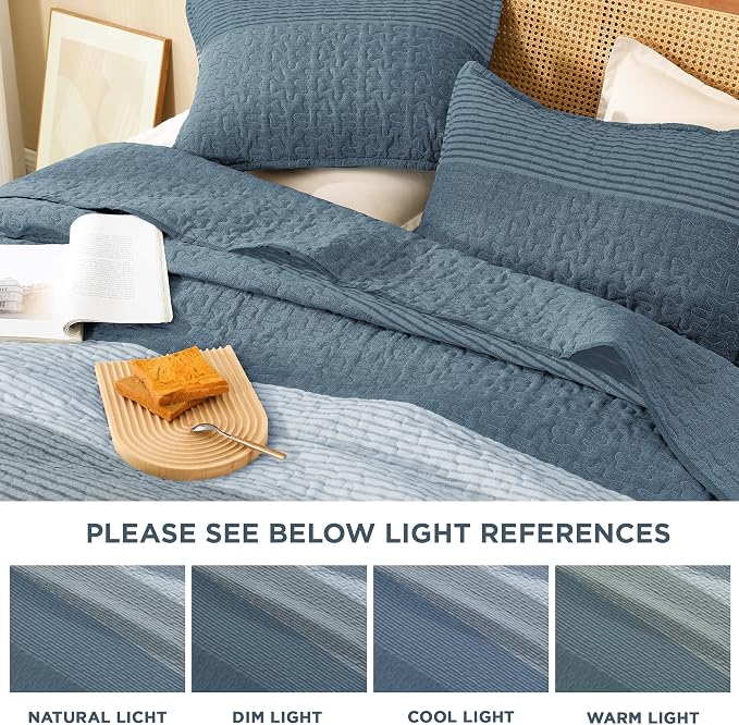 Litanika Quilt King Size Blue Linen, Stripe Patchwork Summer Bedspread Coverlet - Image 6