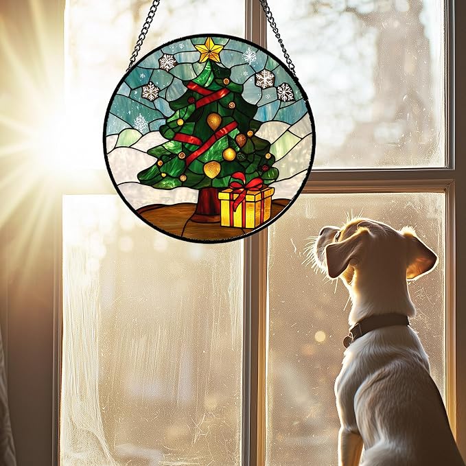 DASTOLL Stained Glass Window Hanging Green Christmas Tree Snowflake 9.8" - Image 2