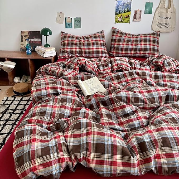mixinni Vintage Red & Brown Buffalo Plaid Duvet Cover Set Twin Size - Image 7