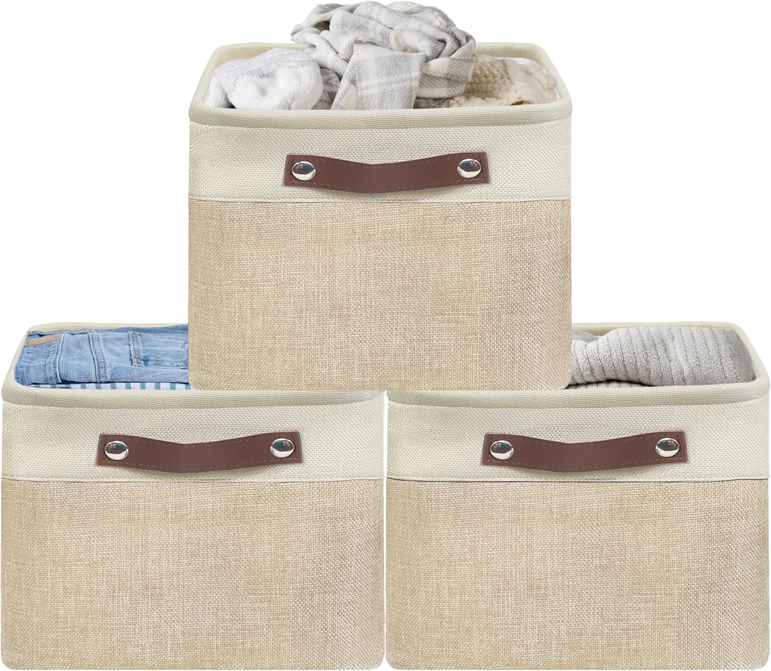 SIMPLE HOUSEWARE Large Fabric Storage Bin, 15" x 11" with Leather Like Handles, 3 Pack, Beige