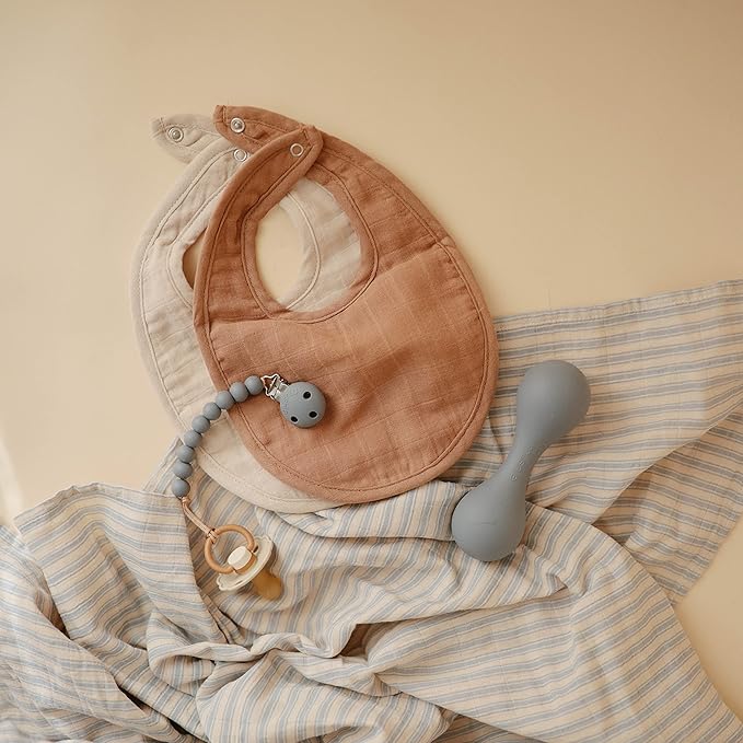 mushie Muslin Baby Bib | Soft Cotton for Infant Drips, Drools & Feedings | Adjustable Fit | 2 Pack