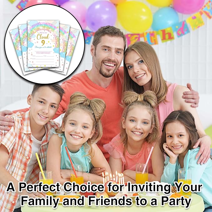 9th Birthday Invitations, 25 Double-Sided Rainbow Clouds Party Invitation Cards - Image 4
