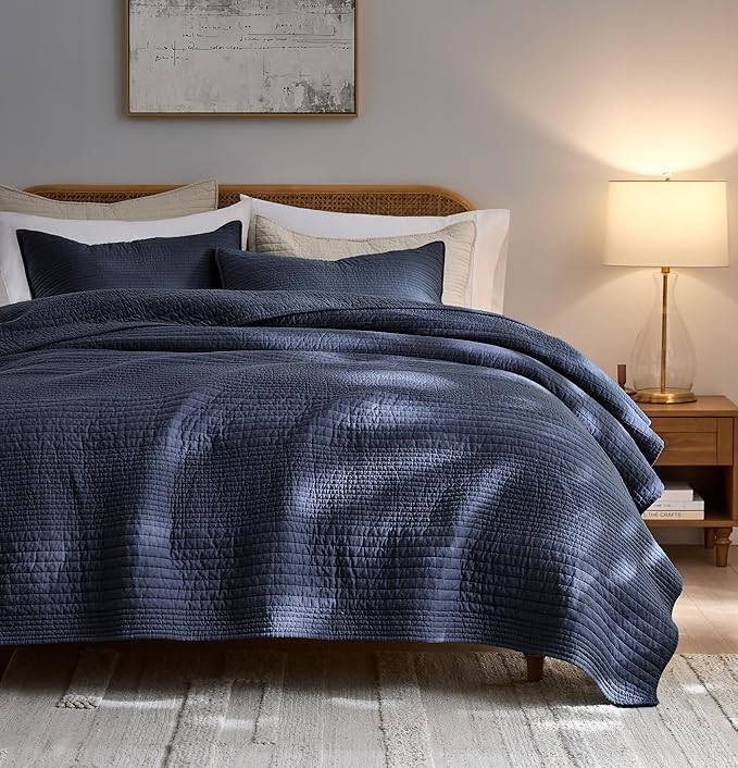 PALASSIO Striped Navy Blue 100% Cotton Quilt California Cal King Size Bedding by PALASSIO