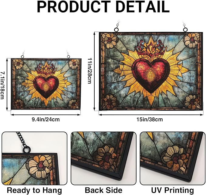 Rectangle Stained Glass Suncatcher, Vintage Sacred Heart Sun Catcher Stain - Image 3