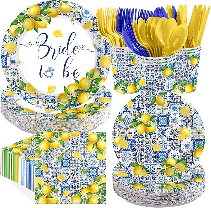 168Pcs Lemon Bridal Shower Party Decor Amalfi Coast Plates Napkins Cups Forks by Greencian