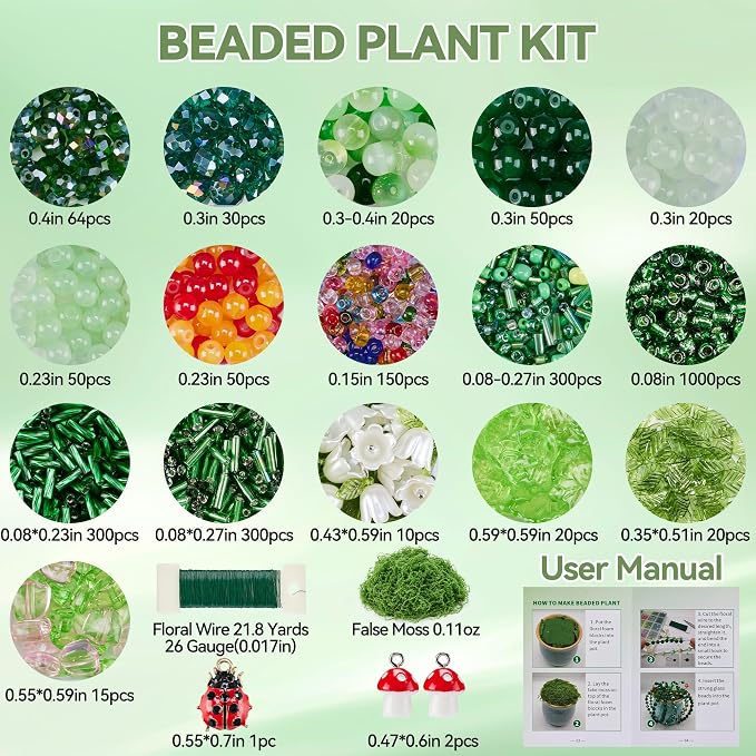Green Glass Beaded Plant Kit, Forever Plant Beaded Leaf Flower Beads - Image 7