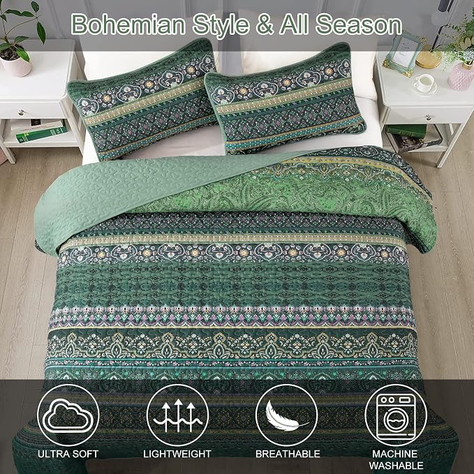 WONGS BEDDING Boho Quilt Queen Size, Lightweight Microfiber Bed Decor Bedspread - Image 4