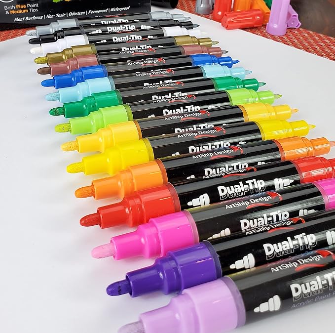 16 Dual-Tip Acrylic Paint Pens, Both Extra Fine and Medium Tip Paint Markers - Image 4